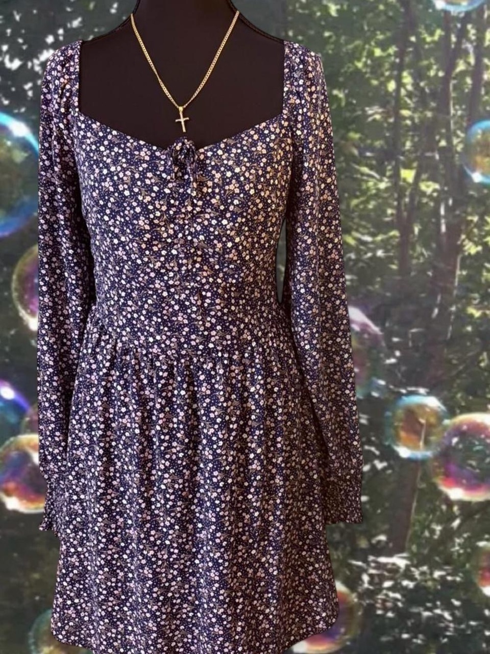 navy floral midi dress with long mesh sleeves and sweetheart square neckline